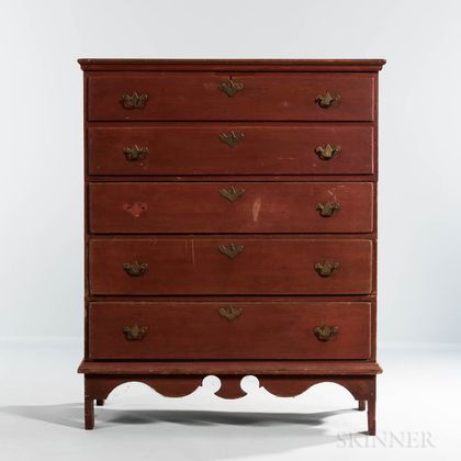 Red-painted Pine Chest over Three Drawers