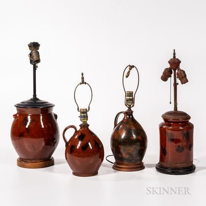 Four Redware Jars Mounted as Lamps