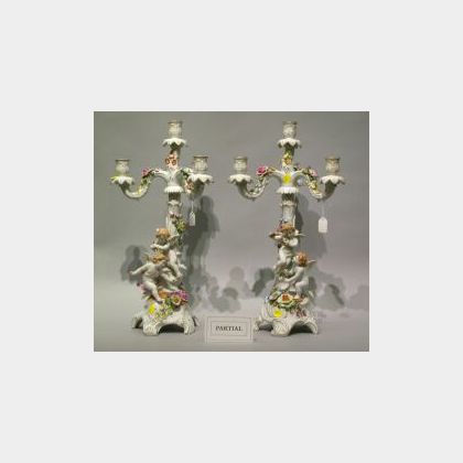 Pair of German Putti and Floral Decorated Porcelain Candelabra. 