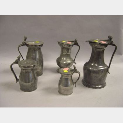 Five Continental Pewter Lidded Measures