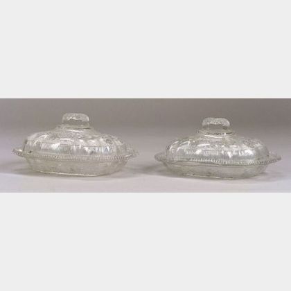 Pair of Colorless Pressed Glass Covered Dishes