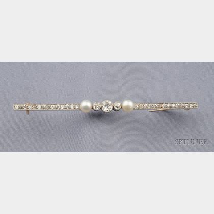 Edwardian Diamond and Cultured Pearl Bar Pin