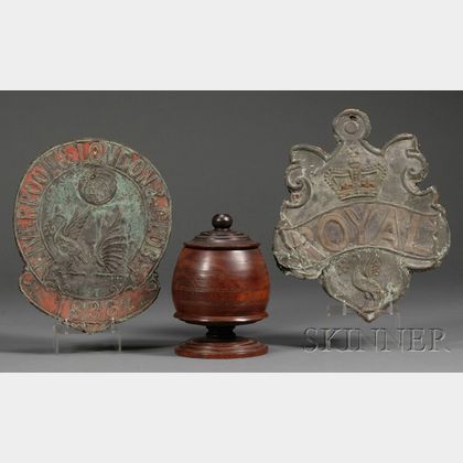 Two Pressed Sheet Copper Fire Marks and a Lignum Vitae Turned Covered Jar