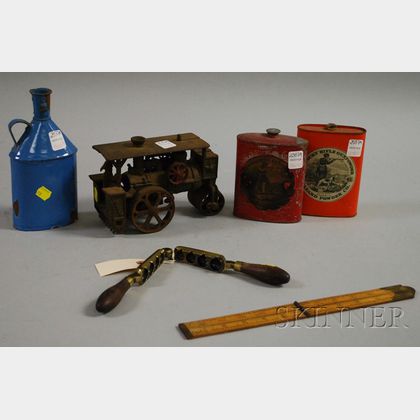Huber Cast Iron Steamroller Toy, Three Gun Powder Tins, a Brass Bullet Mold with Turned Wood Handle, and a Folding Ruler no. 2547. 