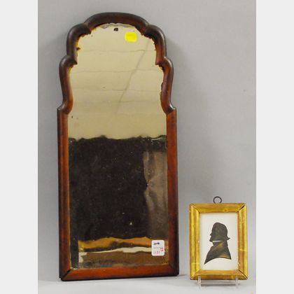Miniature Giltwood Framed Hollow-cut Silhouette of a Gentleman and Small Queen Anne Walnut Veneer Looking Glass