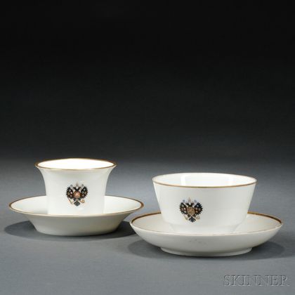 Two Russian Imperial Porcelain Factory Alexander III Coronation Service Cups and Saucers