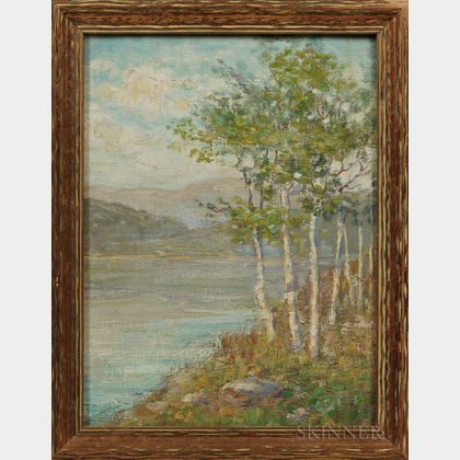 American School, 19th/20th Century Lake Scene with Foreground Birch Trees