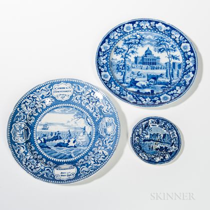 Three Staffordshire Historical Blue Transfer-decorated Plates