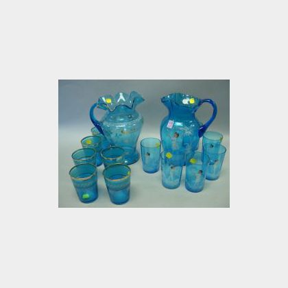Seven-Piece Mary Gregory Enamel Decorated Blue Glass Lemonade Set and a Victorian Seven-Piece Gilt and Enamel Decorated Blue Glass Lemo