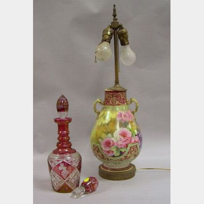Nippon Floral Decorated Porcelain Lamp Base and Etched Ruby Flash Decanter