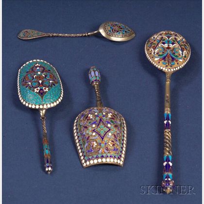 Three Russian Silver Enamel Spoons