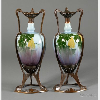 Pair of Art Nouveau Vases with Metal Mounts