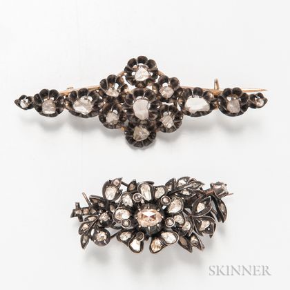 Two Sterling Silver and Rose-cut Diamond Floral Brooches