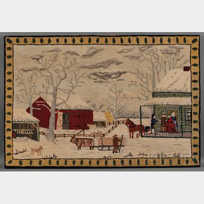 Wool Hooked Rug Depicting Currier & Ives Print Home to Thanksgiving