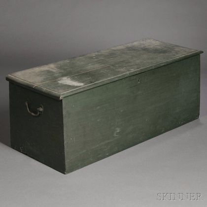 Green-painted Pine Dovetail-constructed Sea Chest with Canted Front Panel