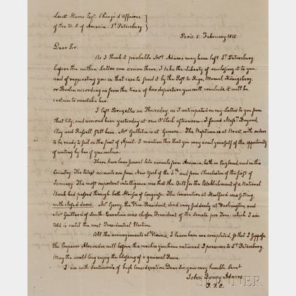 Adams, John Quincy (1767-1848) Autograph Letter Signed, Paris, 5 February 1815.
