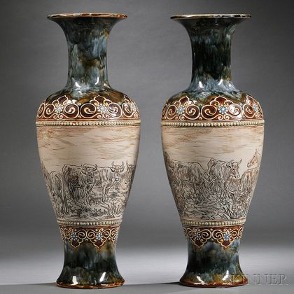 Pair of Doulton Lambeth Hannah Barlow Decorated Stoneware Vases