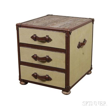 Faux Leather- and Cloth-bound Antiqued Wood Three-drawer Chest