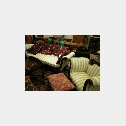 Empire Revival Upholstered Carved Mahogany Sofa and Armchair Set. 