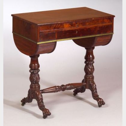Classical Mahogany Carved and Mahogany Veneer Brass-inlaid Work Table