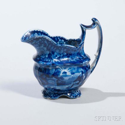 Staffordshire Historical Blue Transfer-decorated Lafayette at Franklin's Tomb Cream Pitcher
