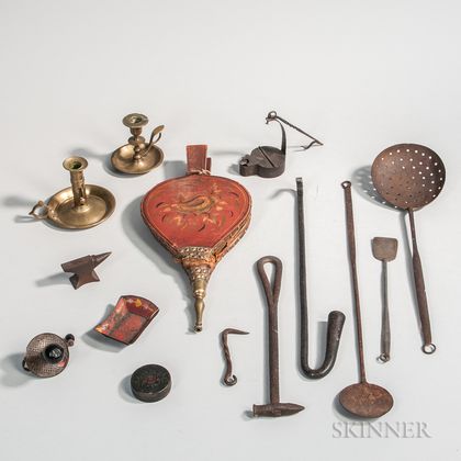 Group of Antique Hearth, Lighting, and Other Metal Objects