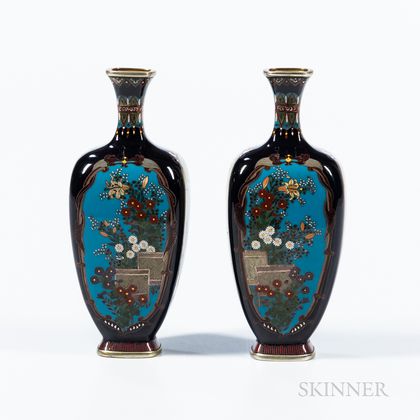 Pair of Small Black Cloisonné Vases