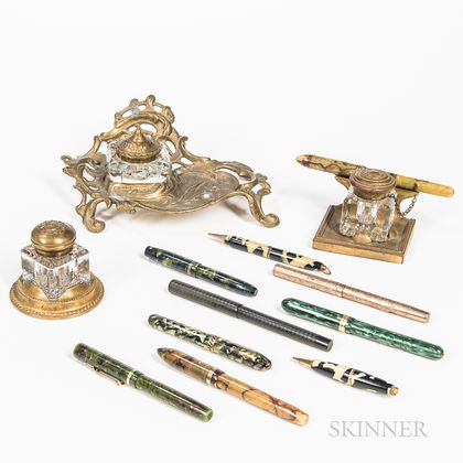 Three Brass and Glass Inkwells and Ten Fountain Pens and Mechanical Pencils. Estimate $200-400
