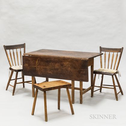 Country Federal Pine Gate-leg Drop-leaf Table, Pair of Arrow-back Side Chairs, and a Primitive Stool