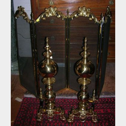 Pair of Brass Andirons and a Brass and Wire Four-part Folding Firescreen. 