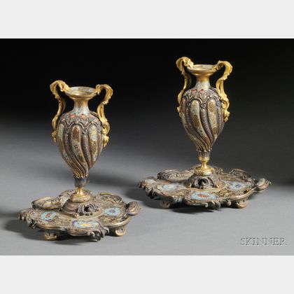 Pair of French Parcel Gilt Bronze and Champleve Enamel Urns