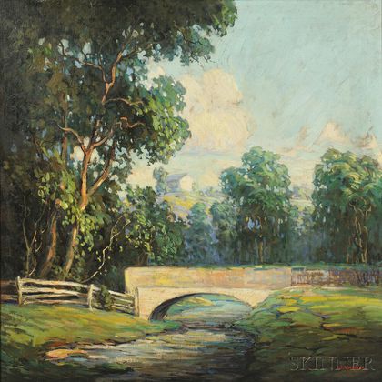 Walter Koeniger (American, 1881-1943) Summer Landscape with River and Bridge