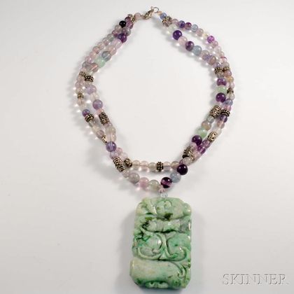 Chinese Carved Hardstone Pendant on a Double-strand Bead Necklace