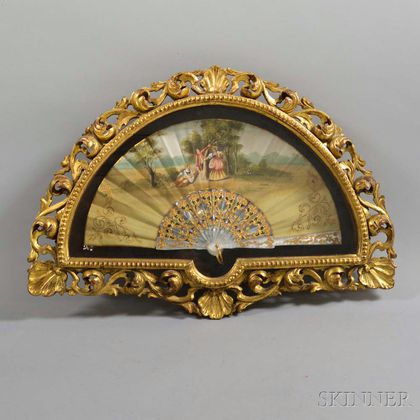 Framed Hand-painted, Gilt, and Mother-of-pearl Fan