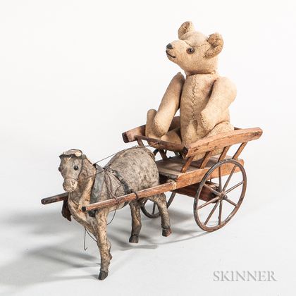 Miniature Articulated Teddy Bear in a Miniature Horse-drawn Cart