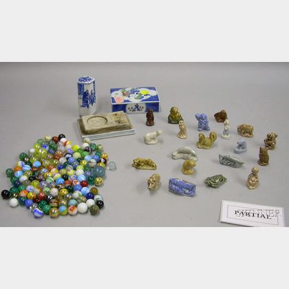 Group of Wade Figures and Internally Decorated Marbles and Two Asian Seal Pieces