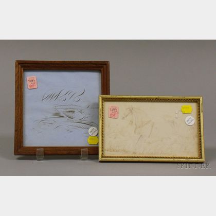 Two Small Framed Calligraphies of a Horse and Penmanship Exercise. 