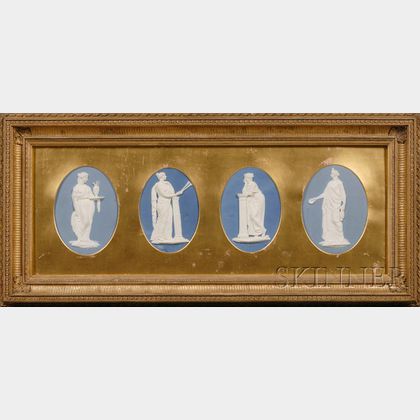 Framed Group of Four Wedgwood and Bentley Solid Blue Jasper Plaques