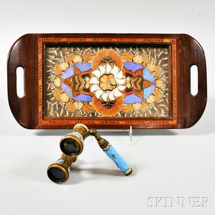 Serving Tray with Inset Butterfly Wings and a Pair of Enameled Opera Glasses