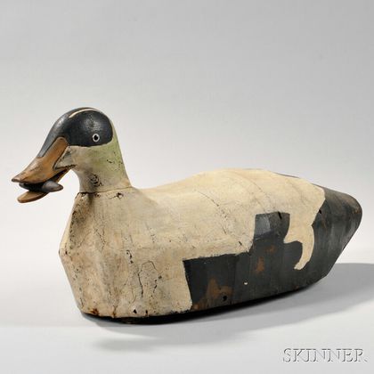 Carved and Painted Wood and Canvas Oversized Eider Decoy