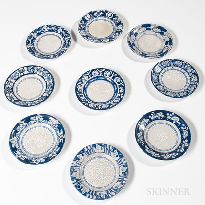 Nine Dedham Pottery Bread and Butter Plates