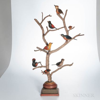 Carved and Painted Folk Art Birds in a Tree