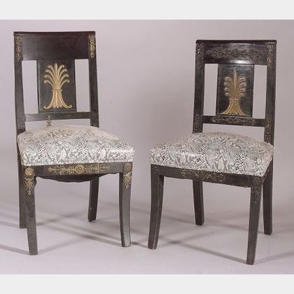 Set of Seven Empire Revival Brass-Mounted and Ebonized Side Chairs