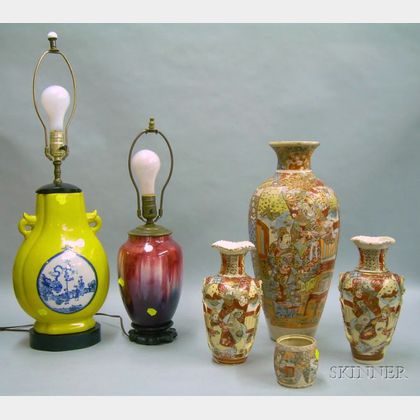 Japanese Satsuma Vase, a Pair of Satsuma Vases, a Jar, and Two Chinese Export Porcelain Vase Table Lamps.e2... 
