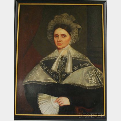 American School, 19th Century Portrait of a Woman Wearing a Lacy White Bonnet and Holding a White Fan.