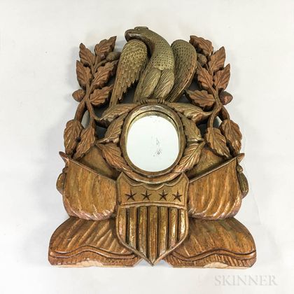 Carved and Painted Patriotic Mirror with Eagle and Shield. Estimate $300-500