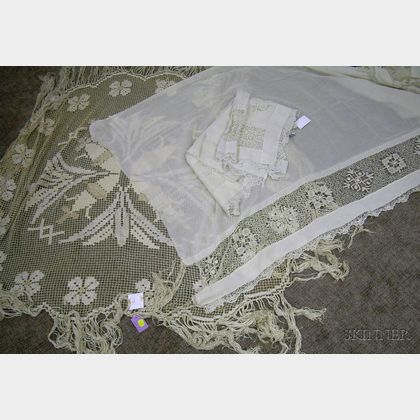 Antique Batiste Lace Drapes and an Arts & Crafts Macrame Table Cover. 