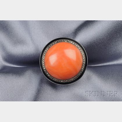 Art Deco Coral and Enamel Ring, France