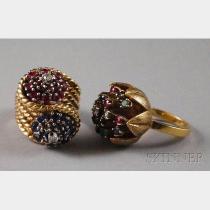 Two Gold Gem-set Floral Rings