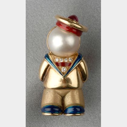 18kt Gold, Enamel, and Gem-set Figural Pendant/Brooch, Fred, Paris